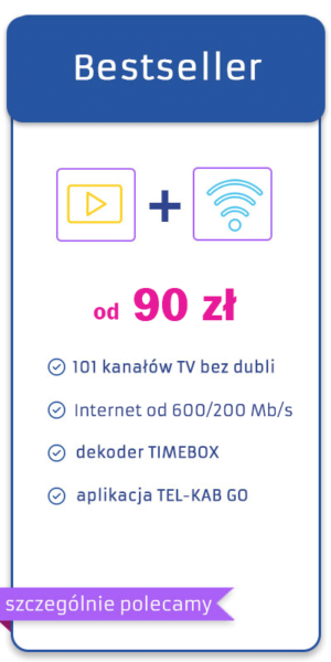 101 kanałów telewizyjnych z dekoderem TimeBOX czyli cofaj przewijaj i nagrywaj kiedy chcesz - nawet 7 dni wstecz. W pakieie super szybki internet światłowodowy o prędkości 600/200 Mb/s.